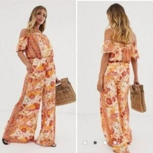 Free People Orange and Red Floral/ Paisley Print Jumpsuit with Pockets